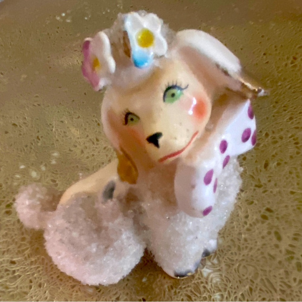 Handpainted 50s Japanese Porcelain Gold trimmed Poodle figurine w/ sugar glaze.
